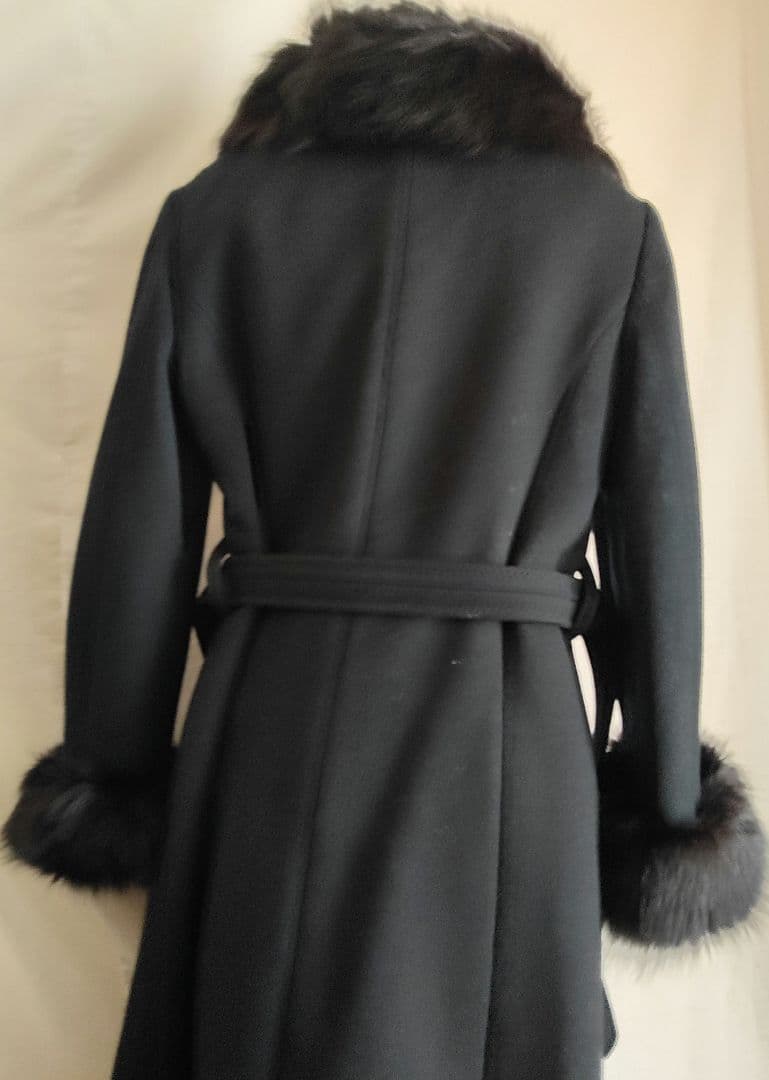 a*o様 レトロインポート ブラックロングコート 毛皮ファー ベルト付き
