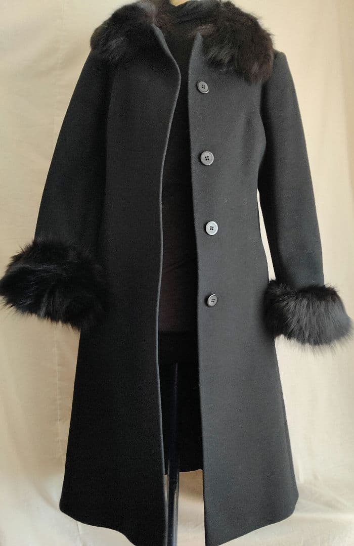 a*o様 レトロインポート ブラックロングコート 毛皮ファー ベルト付き