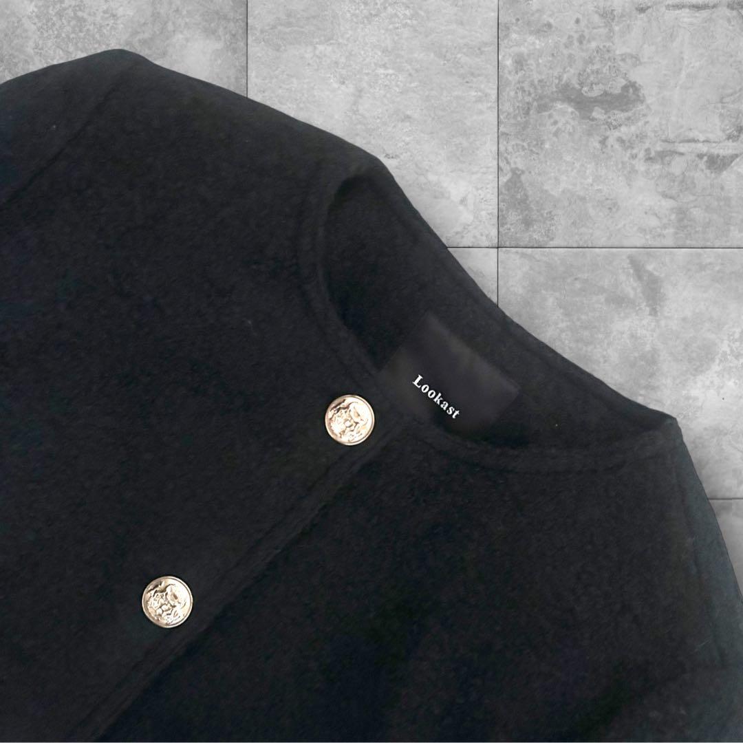 Lookast ノーカラージャケット ツイード ウール 金ボタン S ブラック