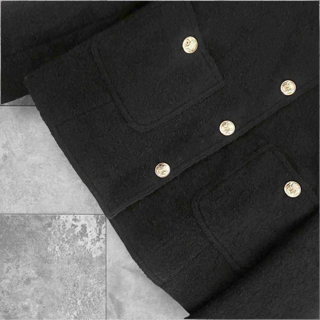 Lookast ノーカラージャケット ツイード ウール 金ボタン S ブラック