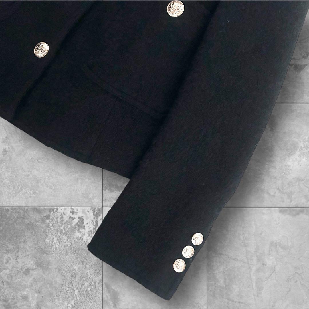 Lookast ノーカラージャケット ツイード ウール 金ボタン S ブラック