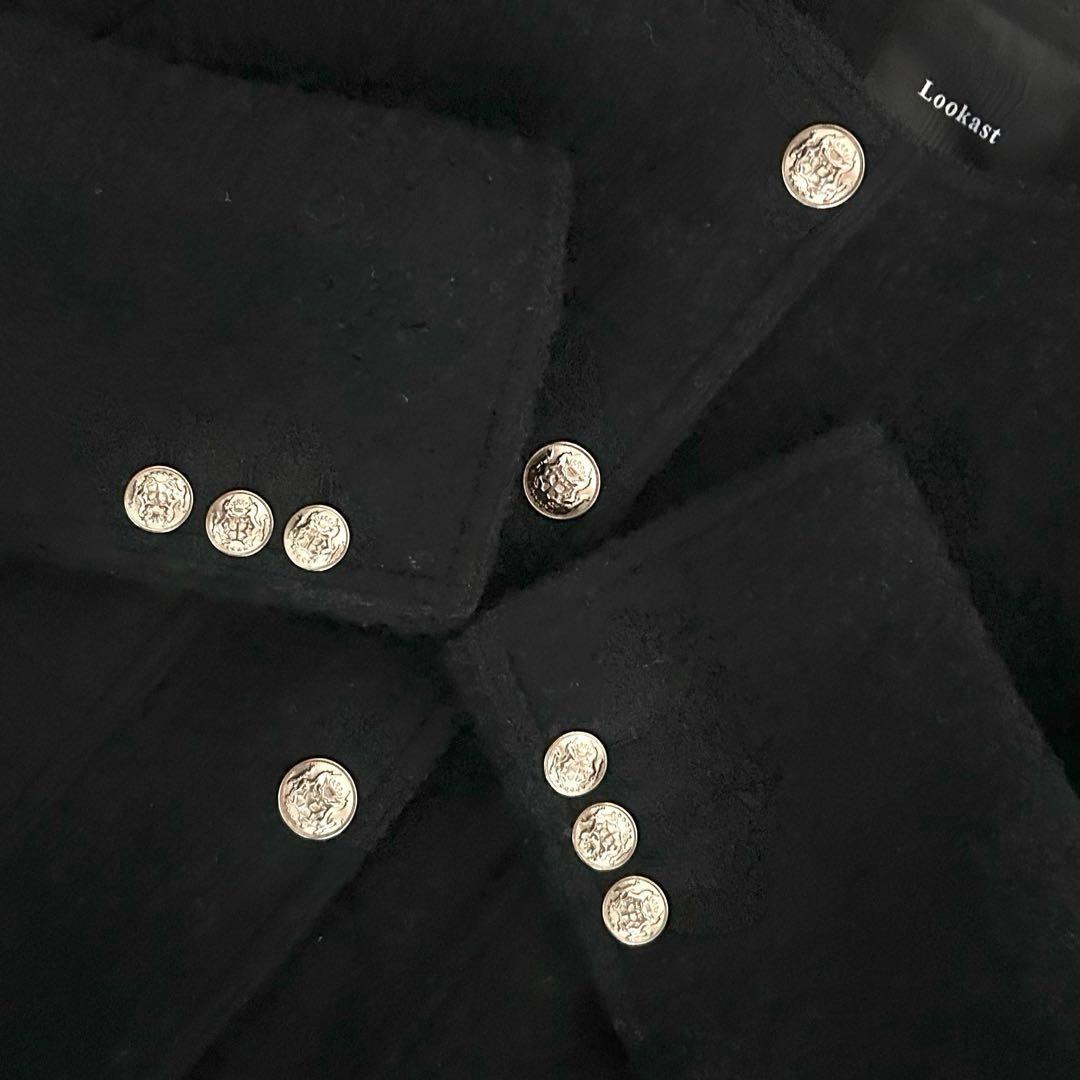 Lookast ノーカラージャケット ツイード ウール 金ボタン S ブラック