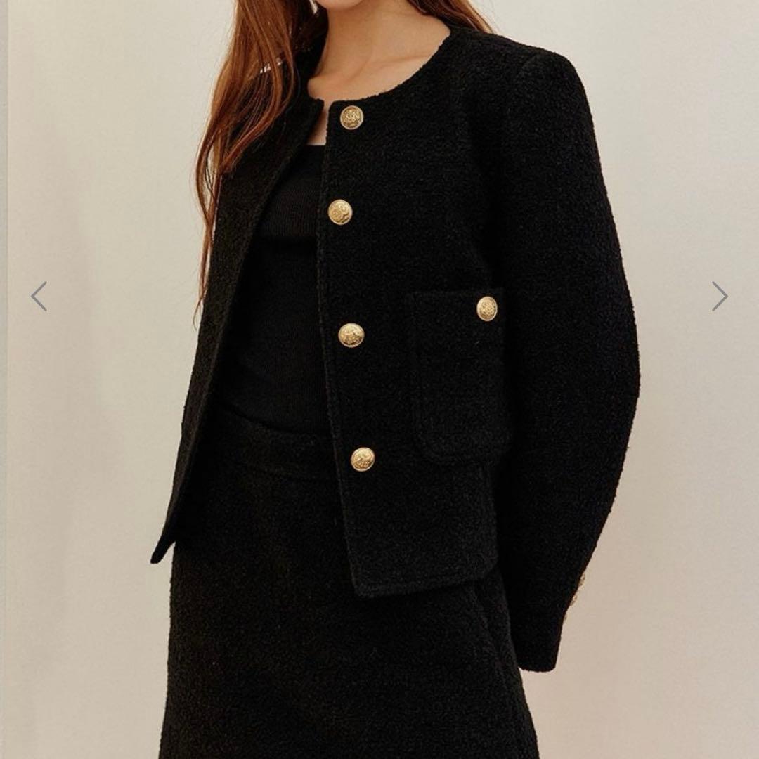 Lookast ノーカラージャケット ツイード ウール 金ボタン S ブラック