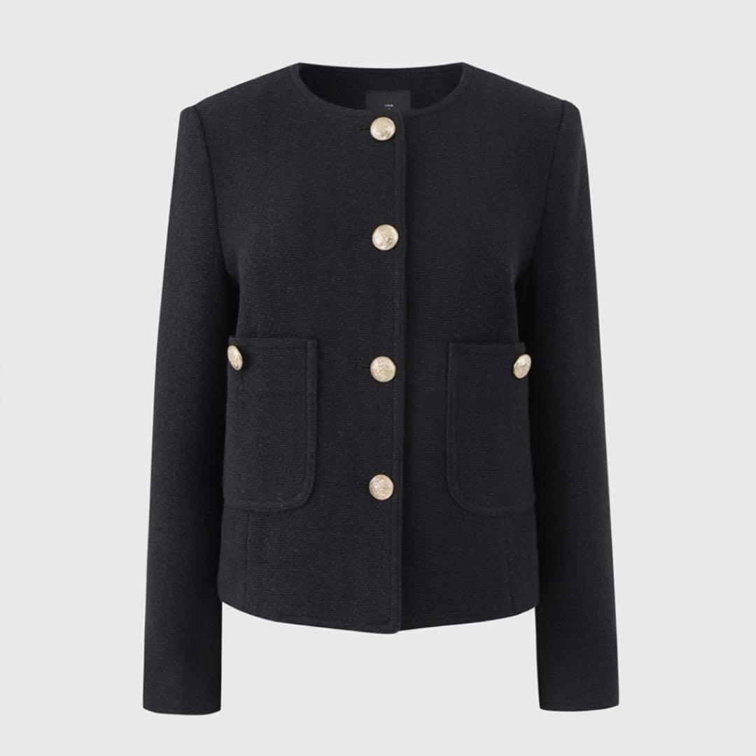 Lookast ノーカラージャケット ツイード ウール 金ボタン S ブラック
