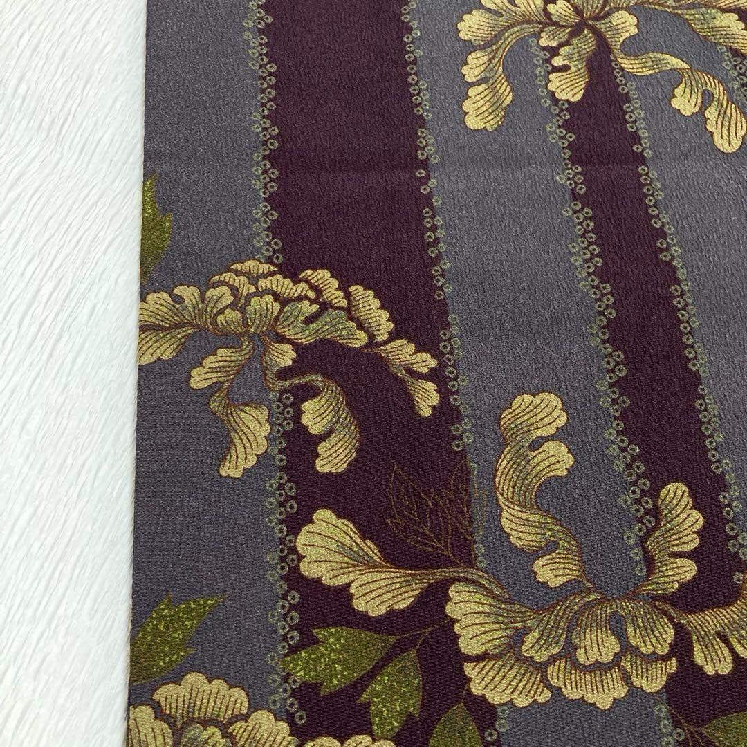 【美品✨】撫松庵　洗える着物　小紋　牡丹　縦縞　灰紫　灰青紫　アンティーク調I3