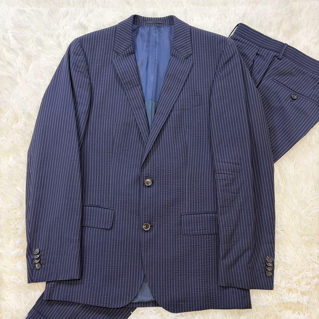 【極美品】ヒューゴボス シアサッカー ビジネススーツ ストライプ 紺 48 L