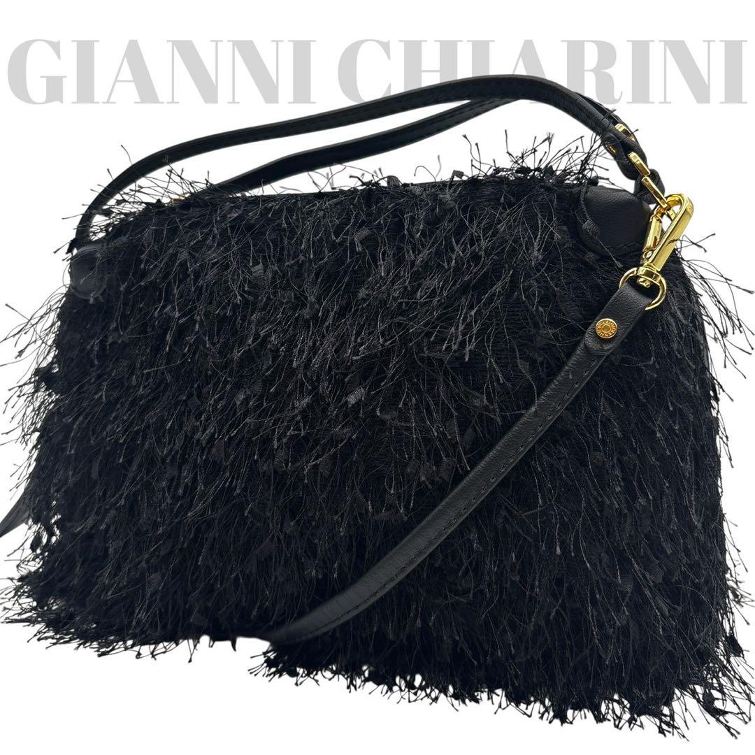 極美品◎ジャンニキャリーニ アリファ 斜めがけ可 ショルダーバッグ フリンジ 黒