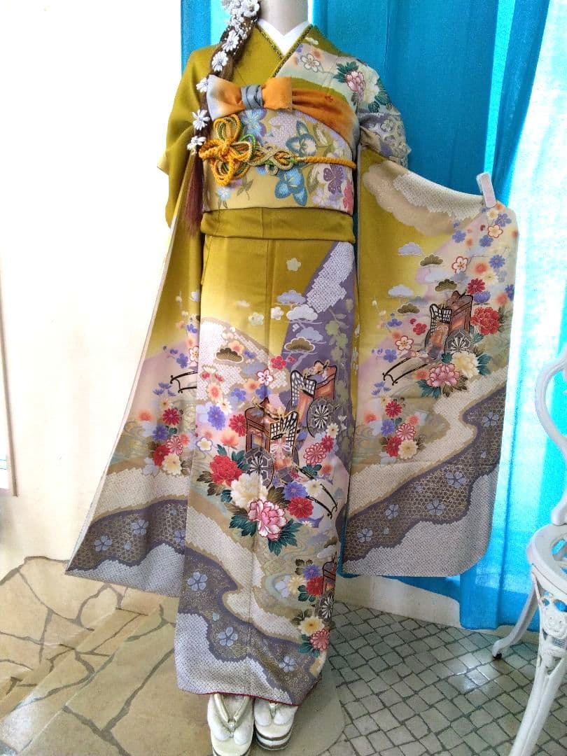 振袖フルセット、正絹振袖成人式、重ね襟、帯揚げ帯締め、西陣袋帯、襦袢、ガード加工