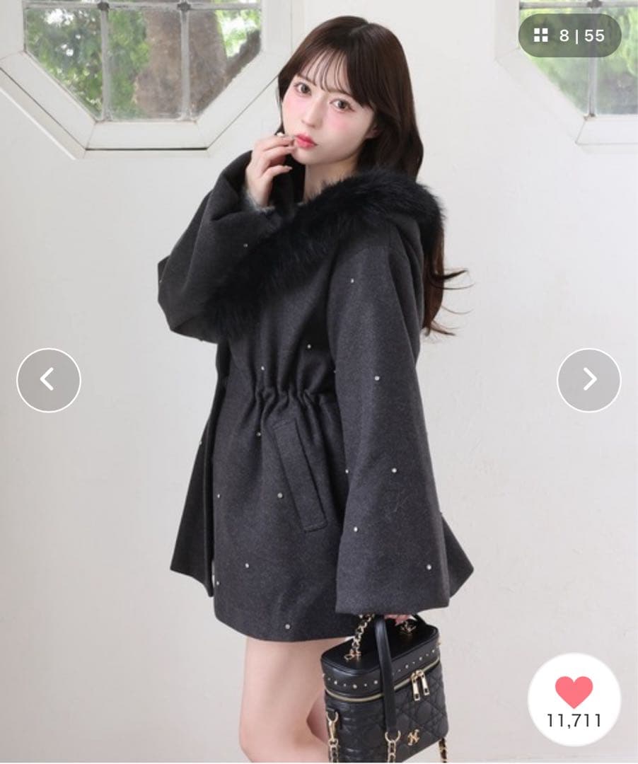 美品　ワンアフターアナザーナイスクラップ　グレー　ビジュー付きミドルコートフリー