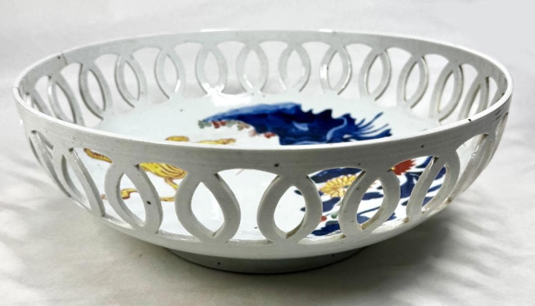 江戸時代 古伊万里 花卉虎紋様透かし彫り大鉢 青花 菓子器 伝世品WWTT186