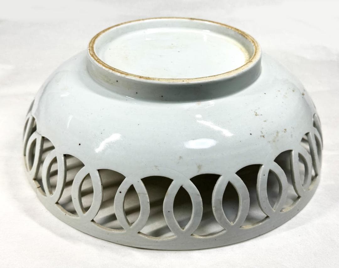 江戸時代 古伊万里 花卉虎紋様透かし彫り大鉢 青花 菓子器 伝世品WWTT186