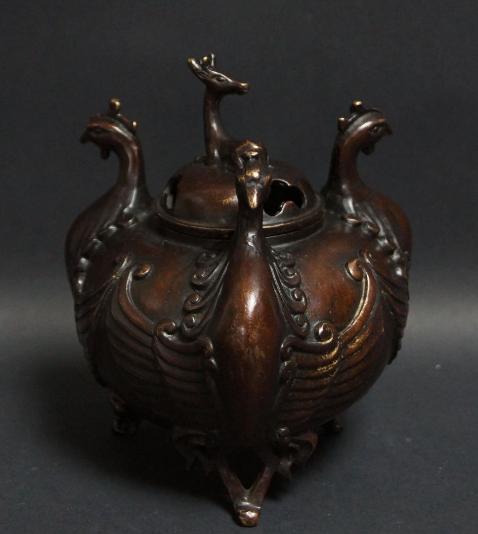 明治期 古銅製 了谷造 金工細工『鳳凰文』香炉 鹿摘 透かし蓋 三足香炉