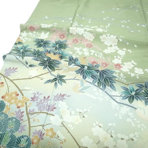 訪問着 着物 袷 手描き友禅 淡鶯色 梅 松 鳥 裄69 Ｌ 中古 sn1800