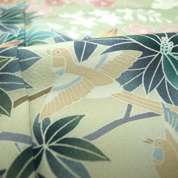 訪問着 着物 袷 手描き友禅 淡鶯色 梅 松 鳥 裄69 Ｌ 中古 sn1800
