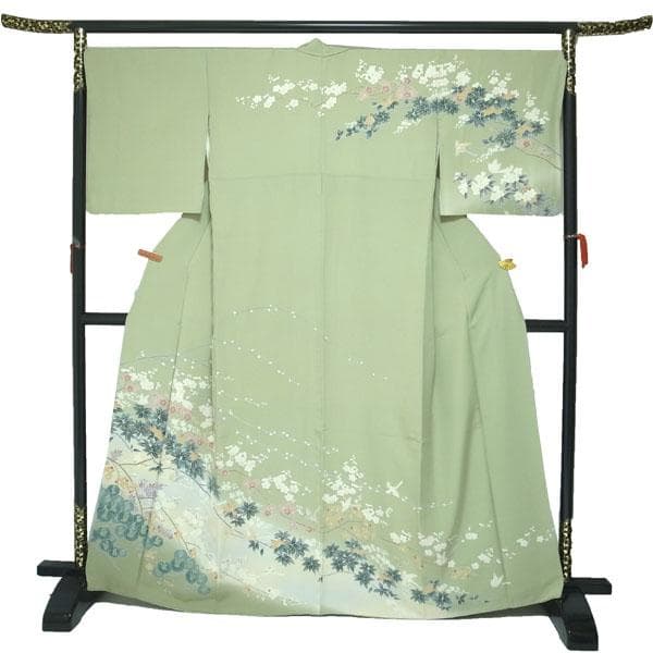 訪問着 着物 袷 手描き友禅 淡鶯色 梅 松 鳥 裄69 Ｌ 中古 sn1800