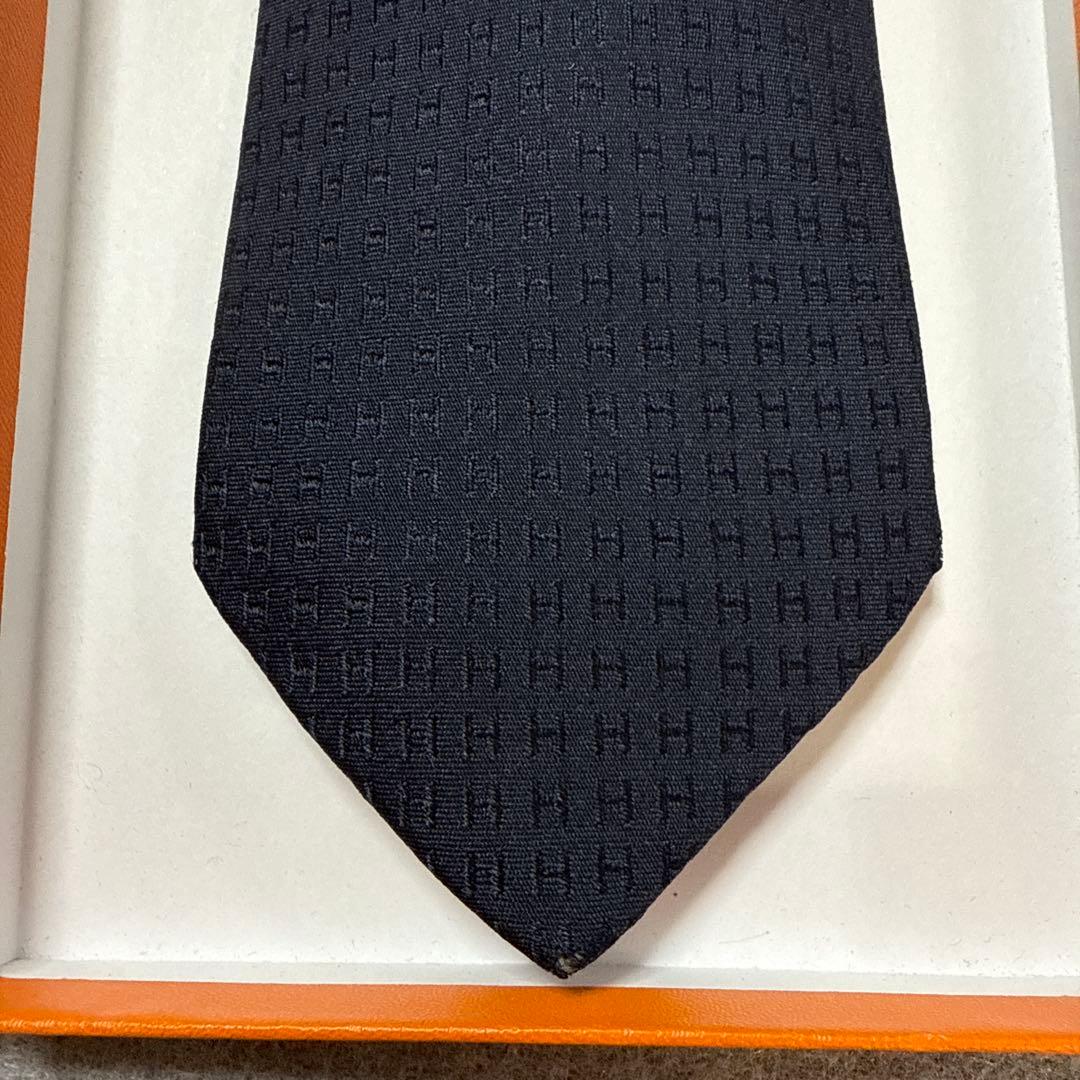 エルメス　ネクタイ　濃紺　H柄H織ファソネ