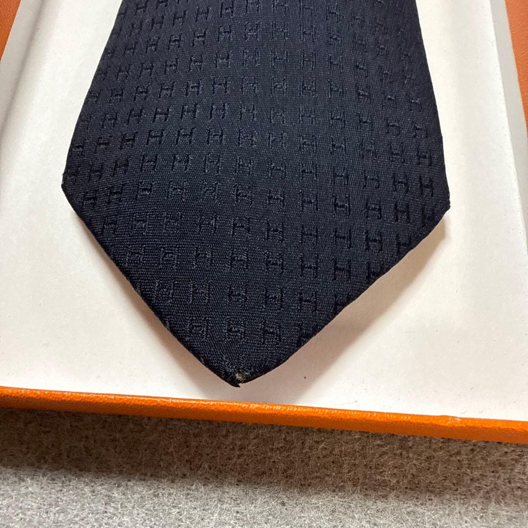 エルメス　ネクタイ　濃紺　H柄H織ファソネ