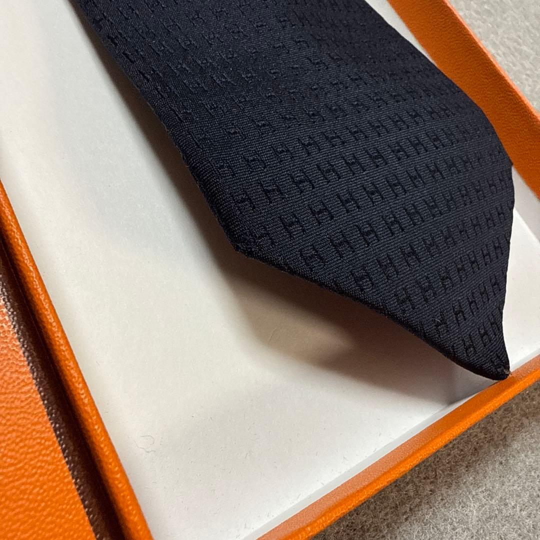 エルメス　ネクタイ　濃紺　H柄H織ファソネ