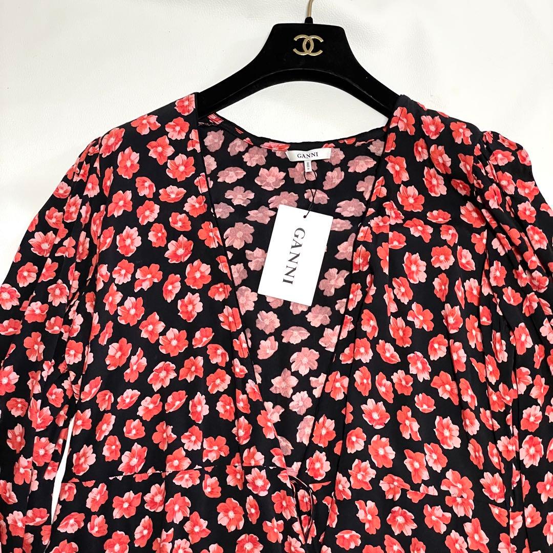 極美品 GANNI 花柄ラップワンピース カシュクール Aライン 40 赤 黒
