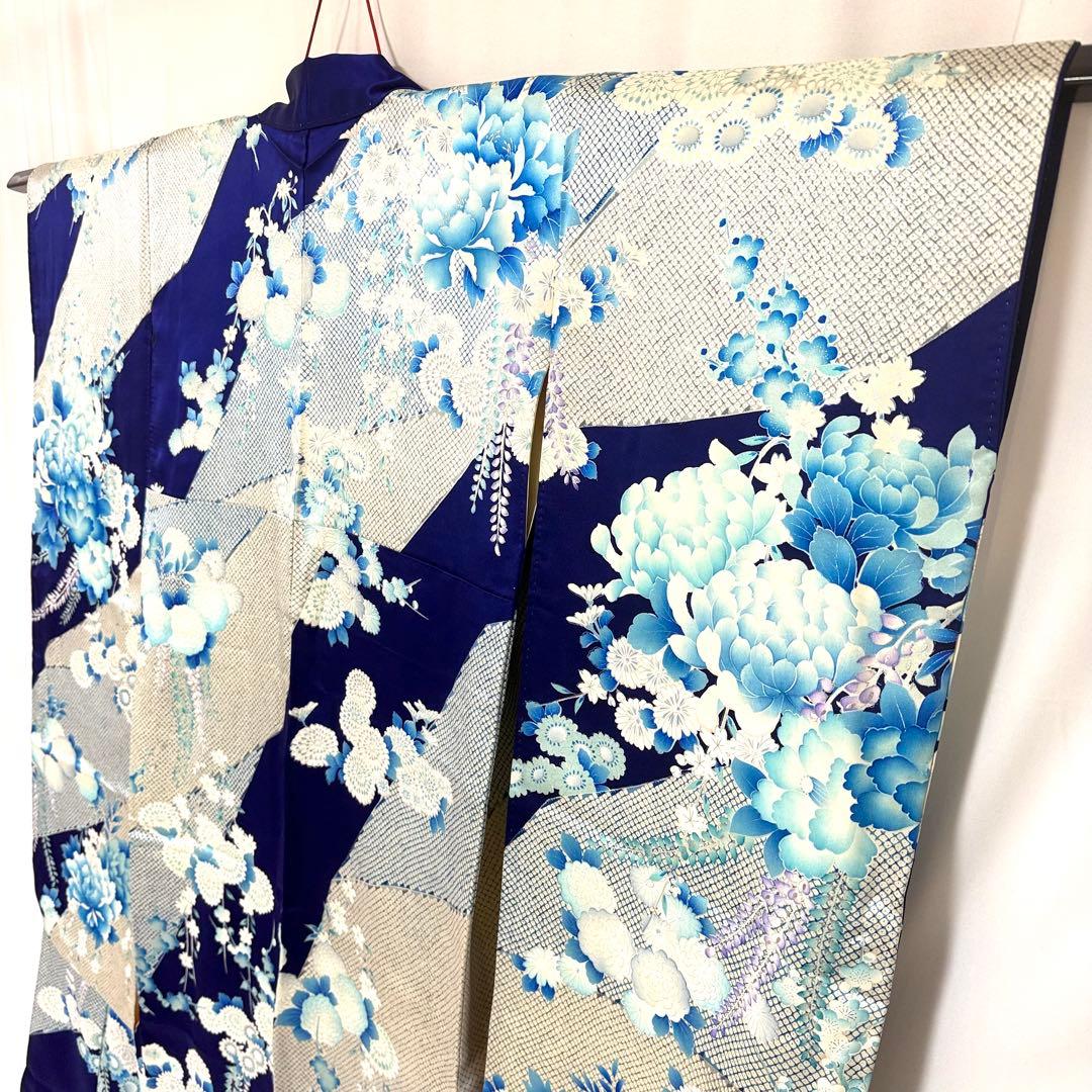 5k3200 振袖　正絹　袷　大振袖　青　白　銀色　花柄　和装　着物