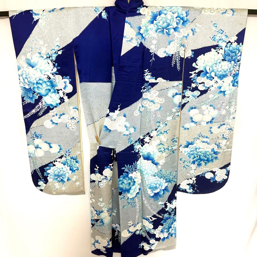 5k3200 振袖　正絹　袷　大振袖　青　白　銀色　花柄　和装　着物