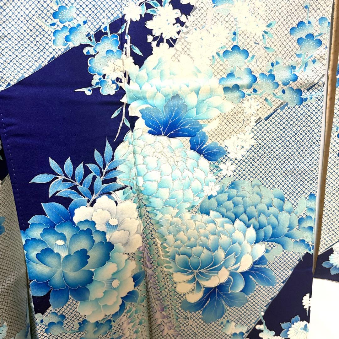5k3200 振袖　正絹　袷　大振袖　青　白　銀色　花柄　和装　着物