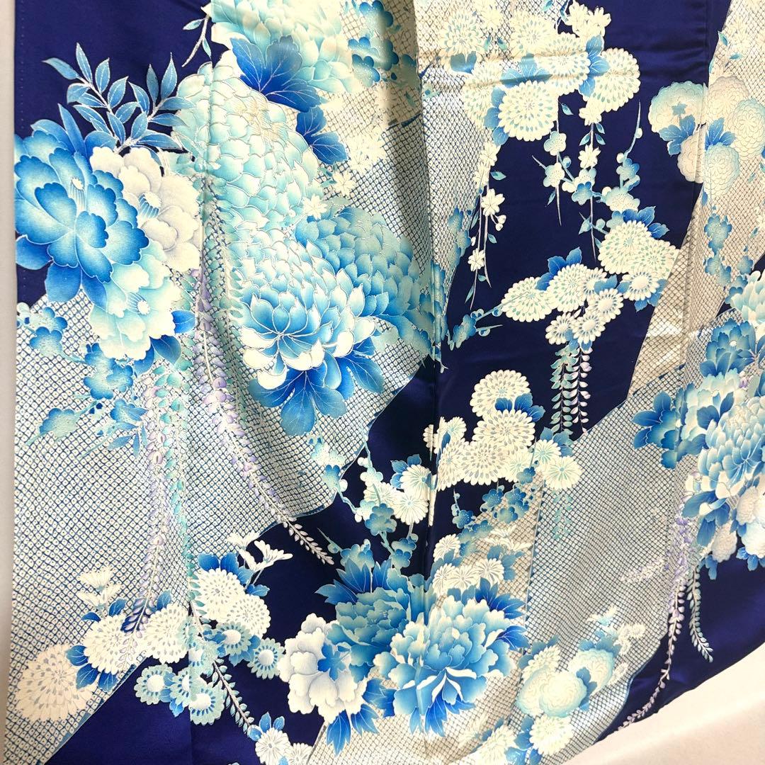 5k3200 振袖　正絹　袷　大振袖　青　白　銀色　花柄　和装　着物