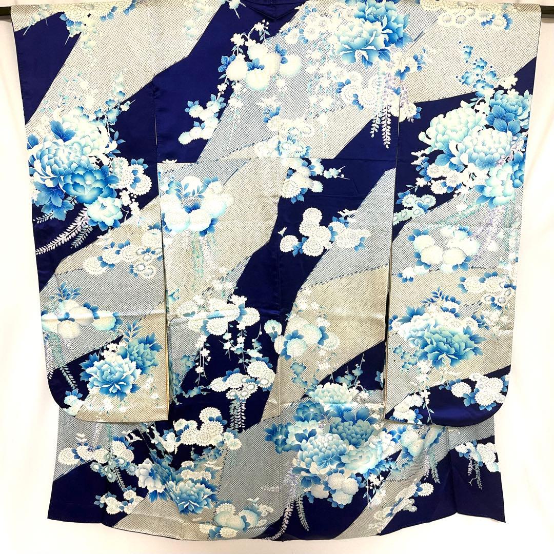 5k3200 振袖　正絹　袷　大振袖　青　白　銀色　花柄　和装　着物