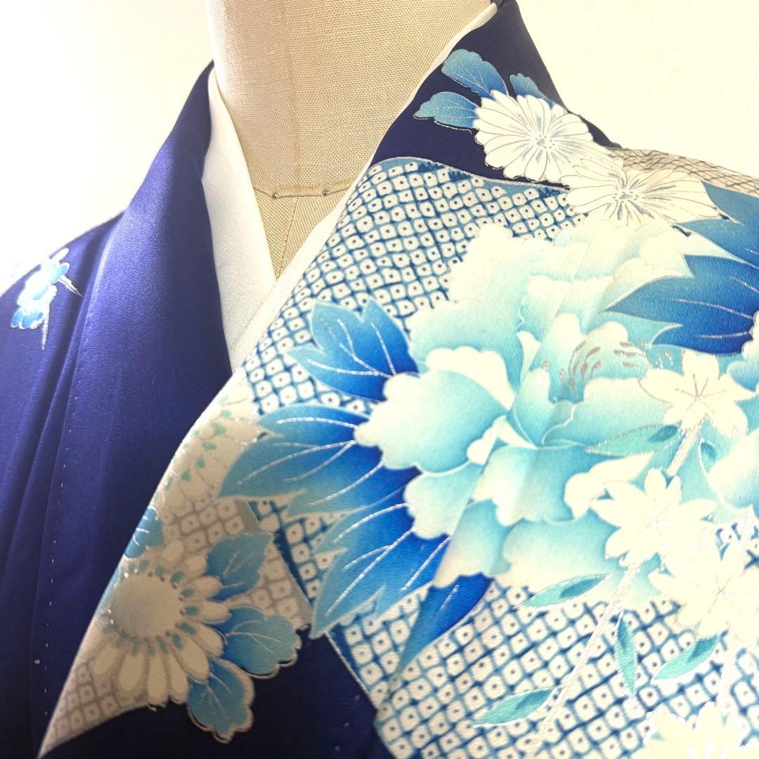 5k3200 振袖　正絹　袷　大振袖　青　白　銀色　花柄　和装　着物