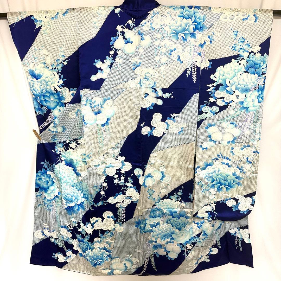 5k3200 振袖　正絹　袷　大振袖　青　白　銀色　花柄　和装　着物