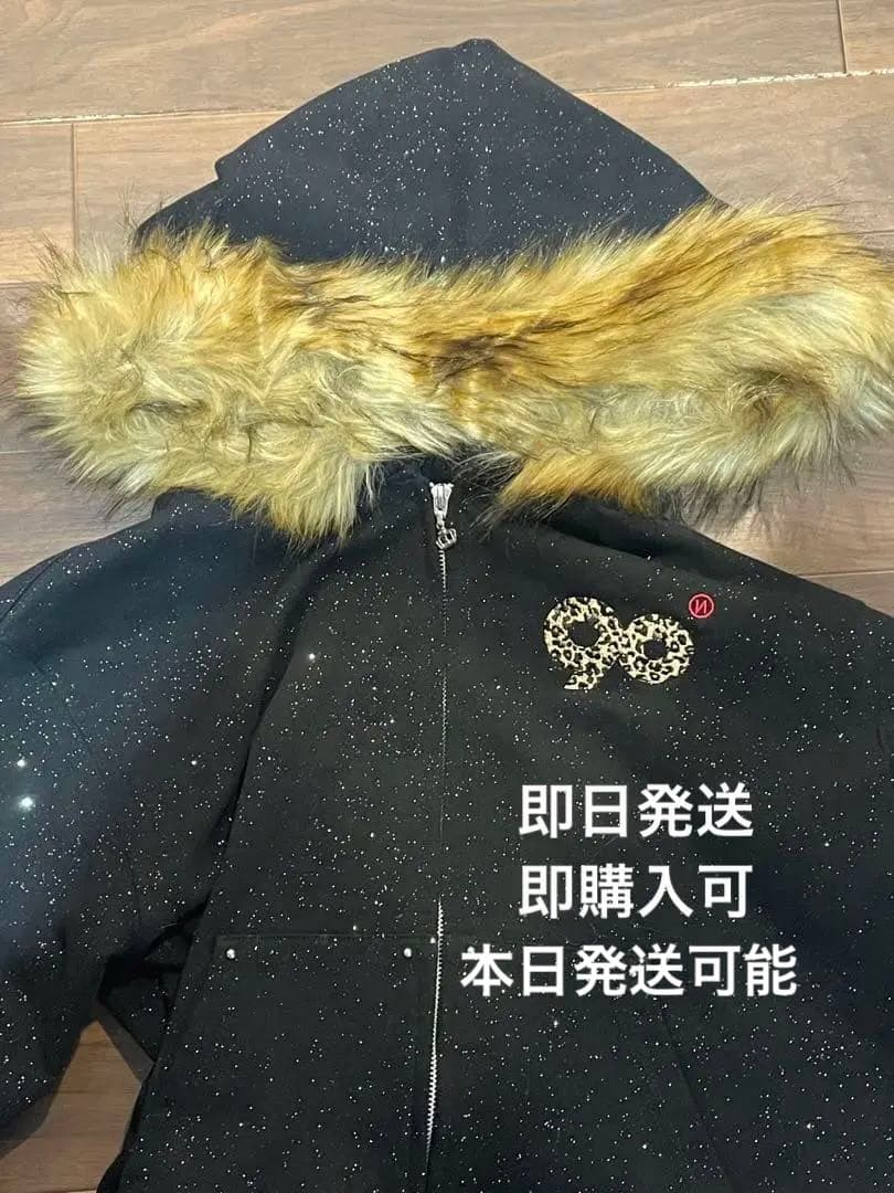 9090 ファー付きパーカー ヒョウ柄 ラメ入り 長袖 M