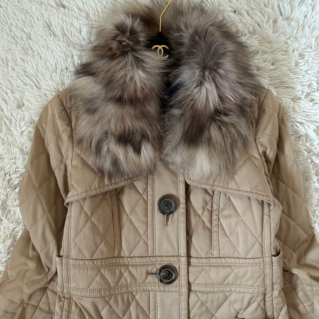 バーバリーブルーレーベル キルティング ファー付き ロングコート ノバチェック