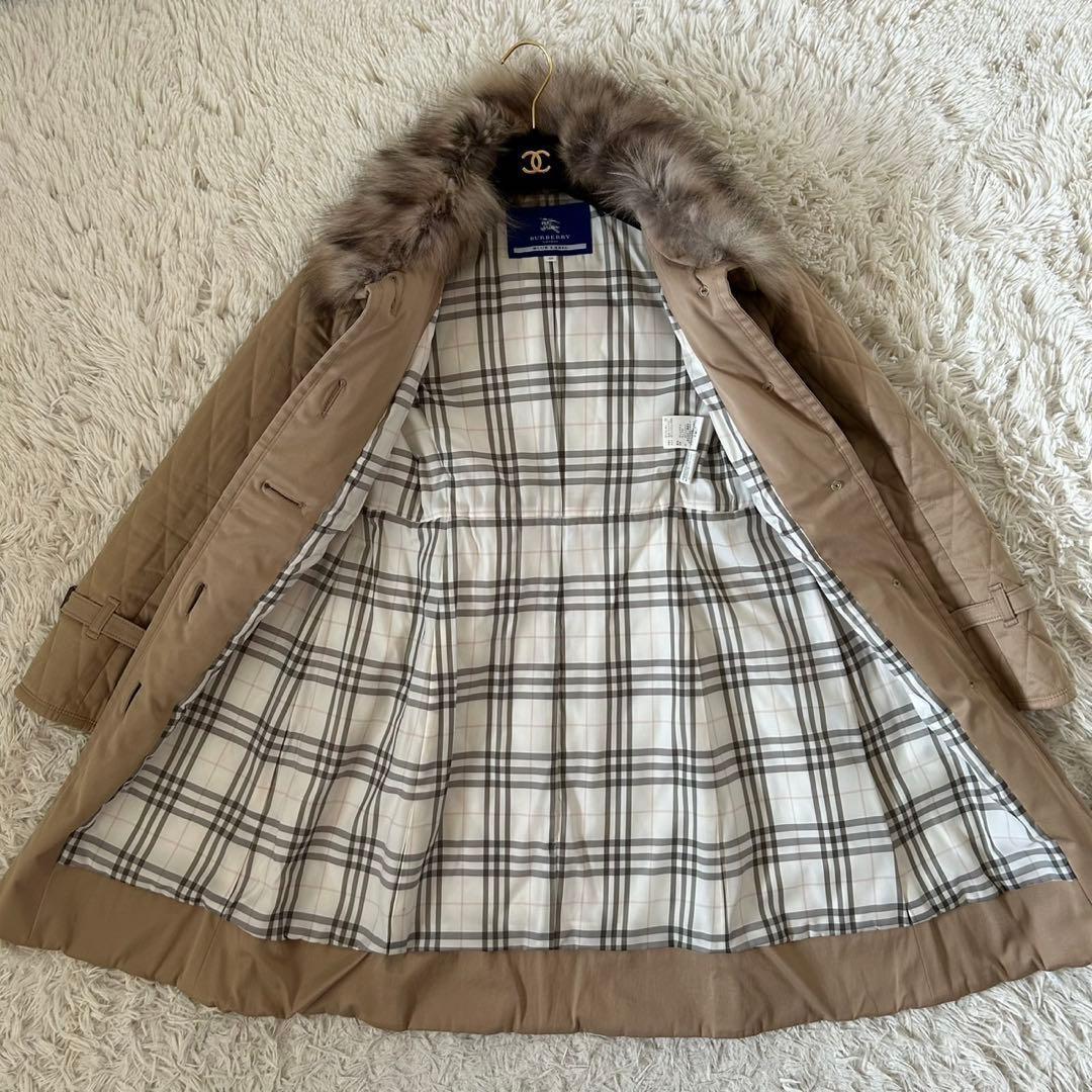 バーバリーブルーレーベル キルティング ファー付き ロングコート ノバチェック