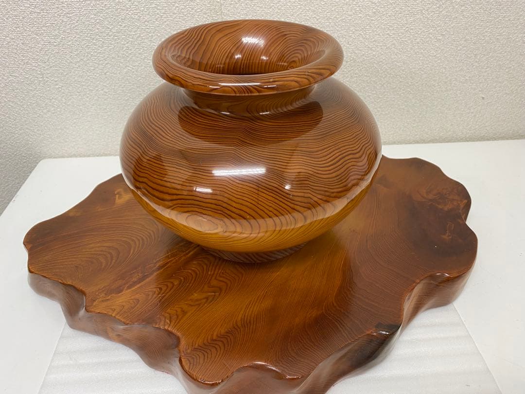 3-3293 世界遺産 屋久杉 壺 飾り台付き 花器 花瓶 装飾壺 木壺 無垢材