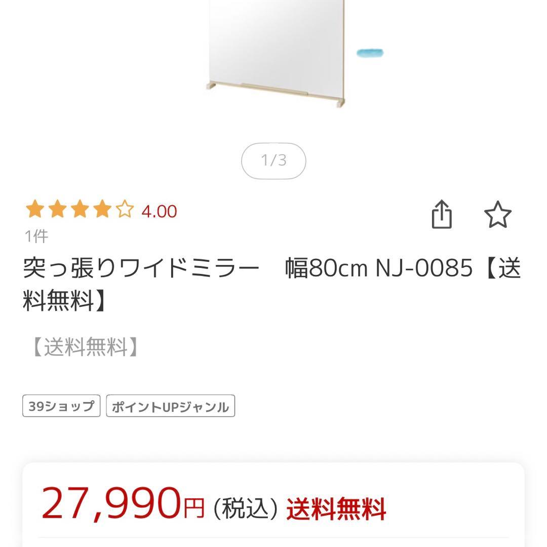 2枚セット 大型ミラー 幅80cm×179cm 天井突っ張りミラー