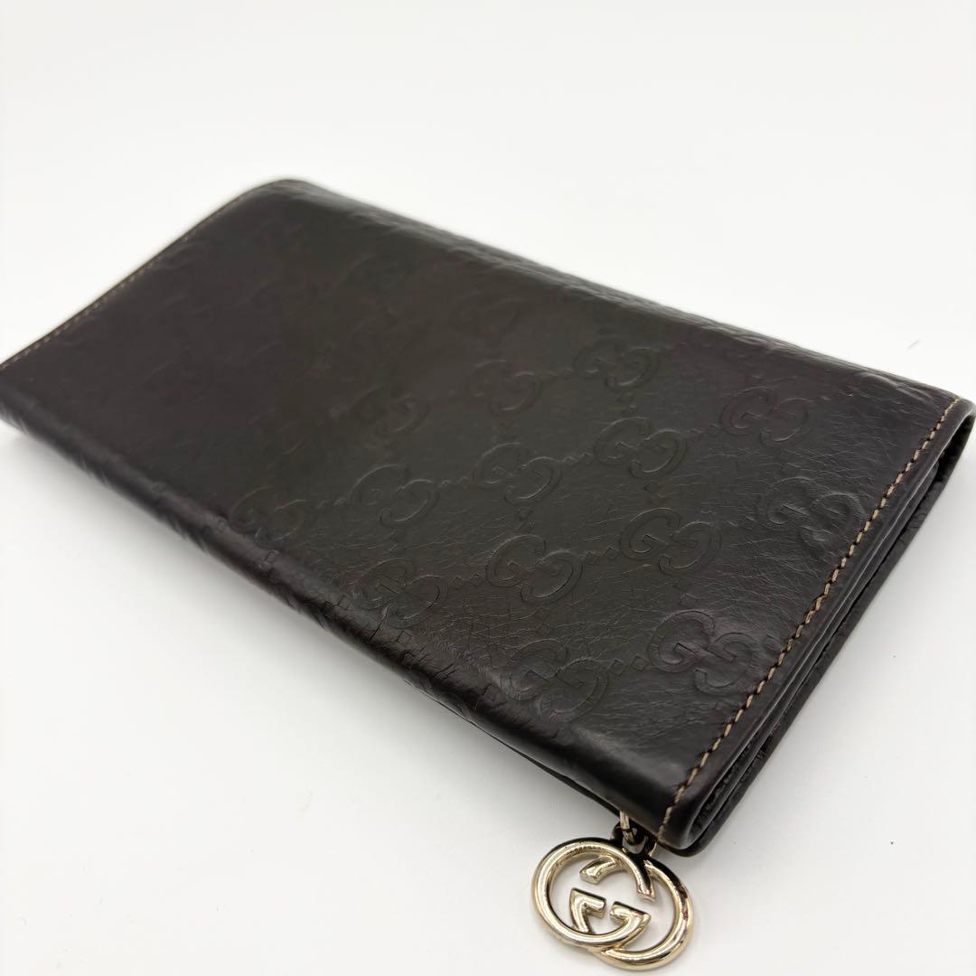★GUCCI シマ 長財布 ダークブラウン レザー 二つ折り財布 GGパターン