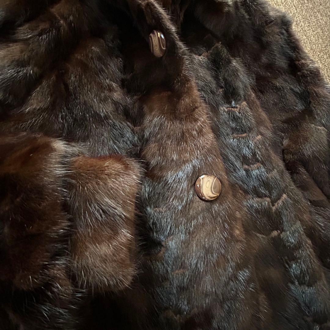 【美品】フード付き ミンク Aライン ロングコート ダークブラウン 95センチ丈