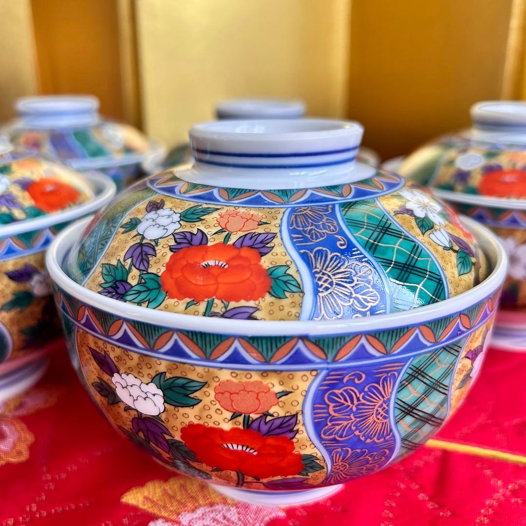 【未使用品】有田焼　金彩古伊万里　南山窯　花祥瑞　蓋付き丼ぶり５客　多様丼　腕揃
