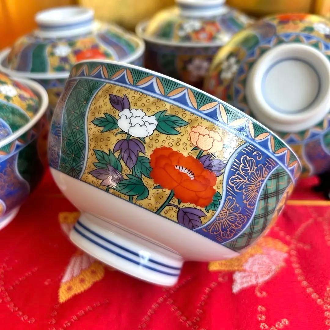 【未使用品】有田焼　金彩古伊万里　南山窯　花祥瑞　蓋付き丼ぶり５客　多様丼　腕揃