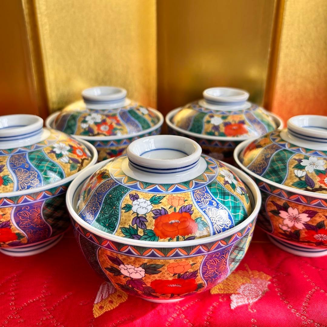 【未使用品】有田焼　金彩古伊万里　南山窯　花祥瑞　蓋付き丼ぶり５客　多様丼　腕揃
