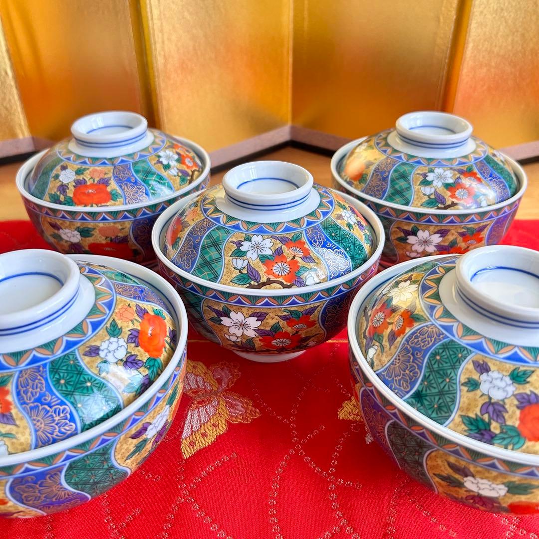 【未使用品】有田焼　金彩古伊万里　南山窯　花祥瑞　蓋付き丼ぶり５客　多様丼　腕揃
