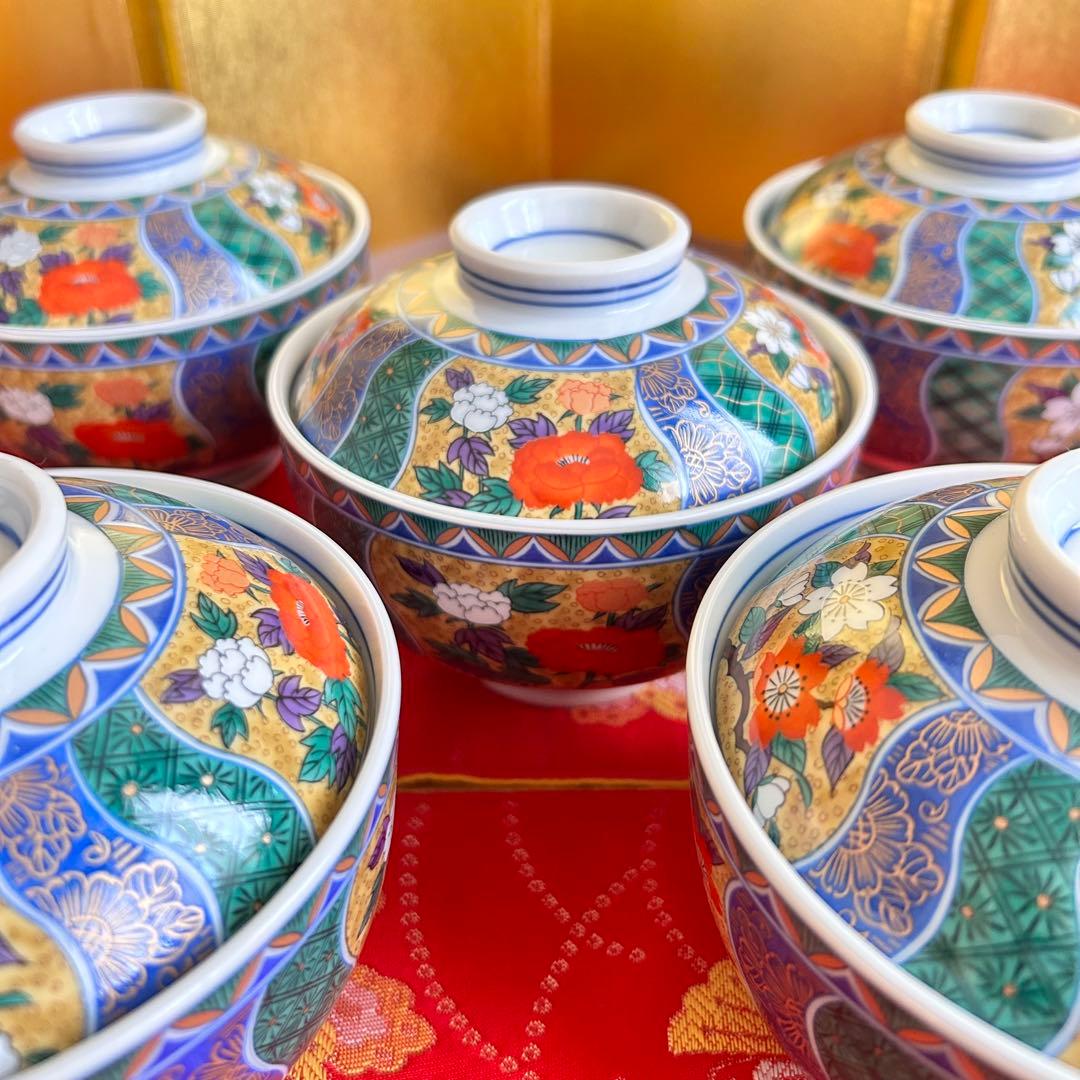 【未使用品】有田焼　金彩古伊万里　南山窯　花祥瑞　蓋付き丼ぶり５客　多様丼　腕揃