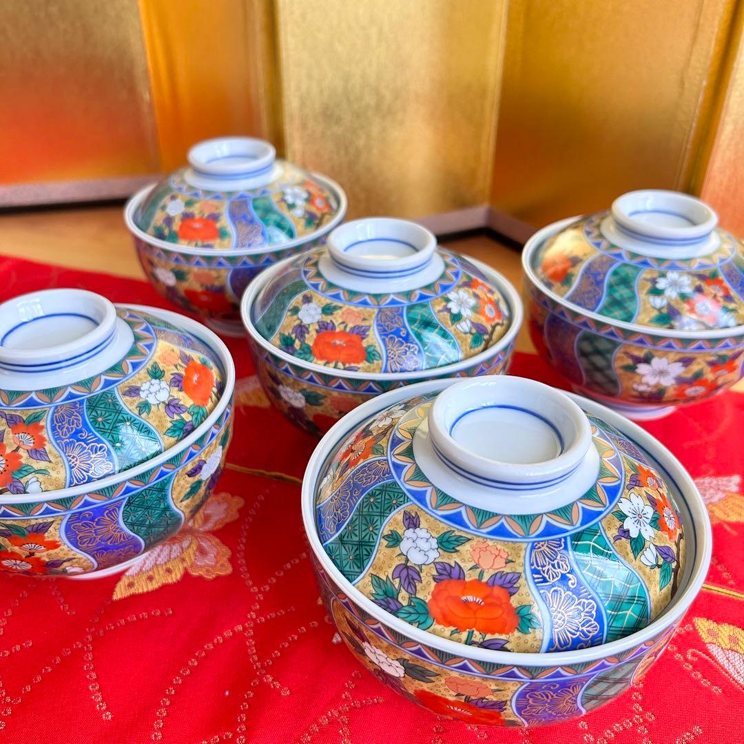 【未使用品】有田焼　金彩古伊万里　南山窯　花祥瑞　蓋付き丼ぶり５客　多様丼　腕揃