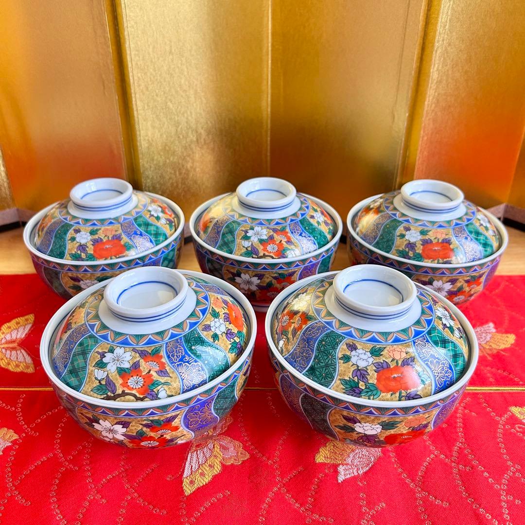 【未使用品】有田焼　金彩古伊万里　南山窯　花祥瑞　蓋付き丼ぶり５客　多様丼　腕揃