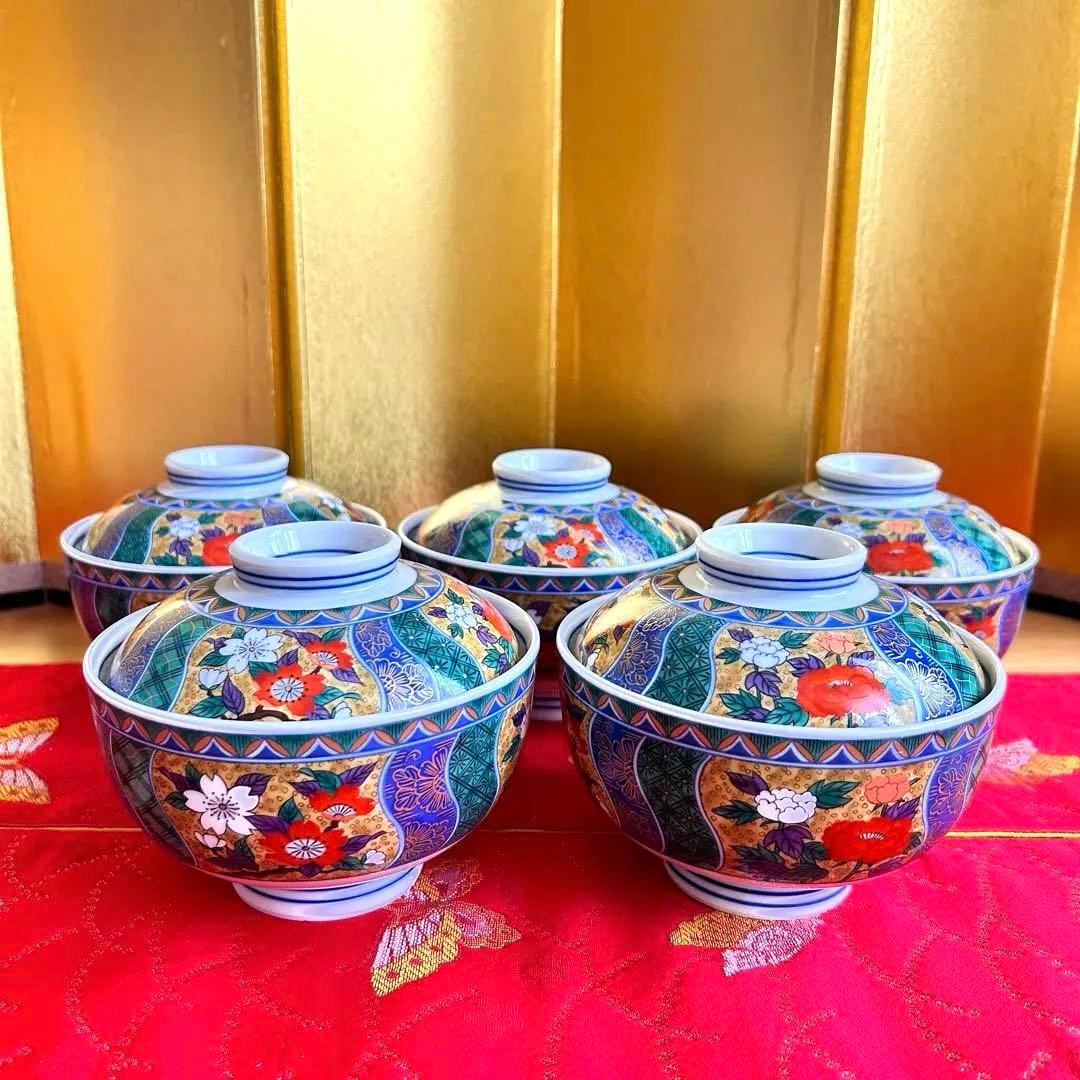 【未使用品】有田焼　金彩古伊万里　南山窯　花祥瑞　蓋付き丼ぶり５客　多様丼　腕揃