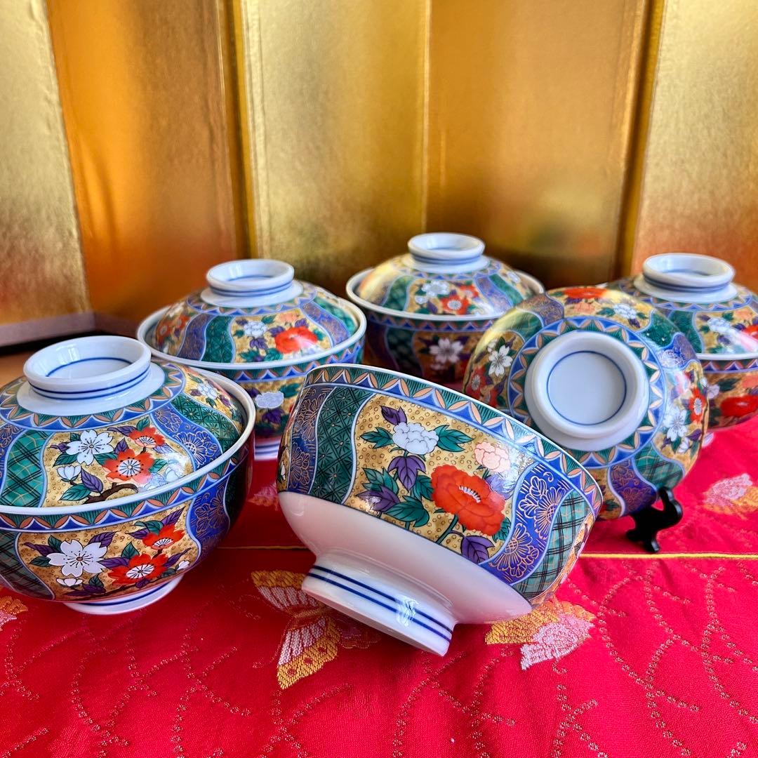 【未使用品】有田焼　金彩古伊万里　南山窯　花祥瑞　蓋付き丼ぶり５客　多様丼　腕揃
