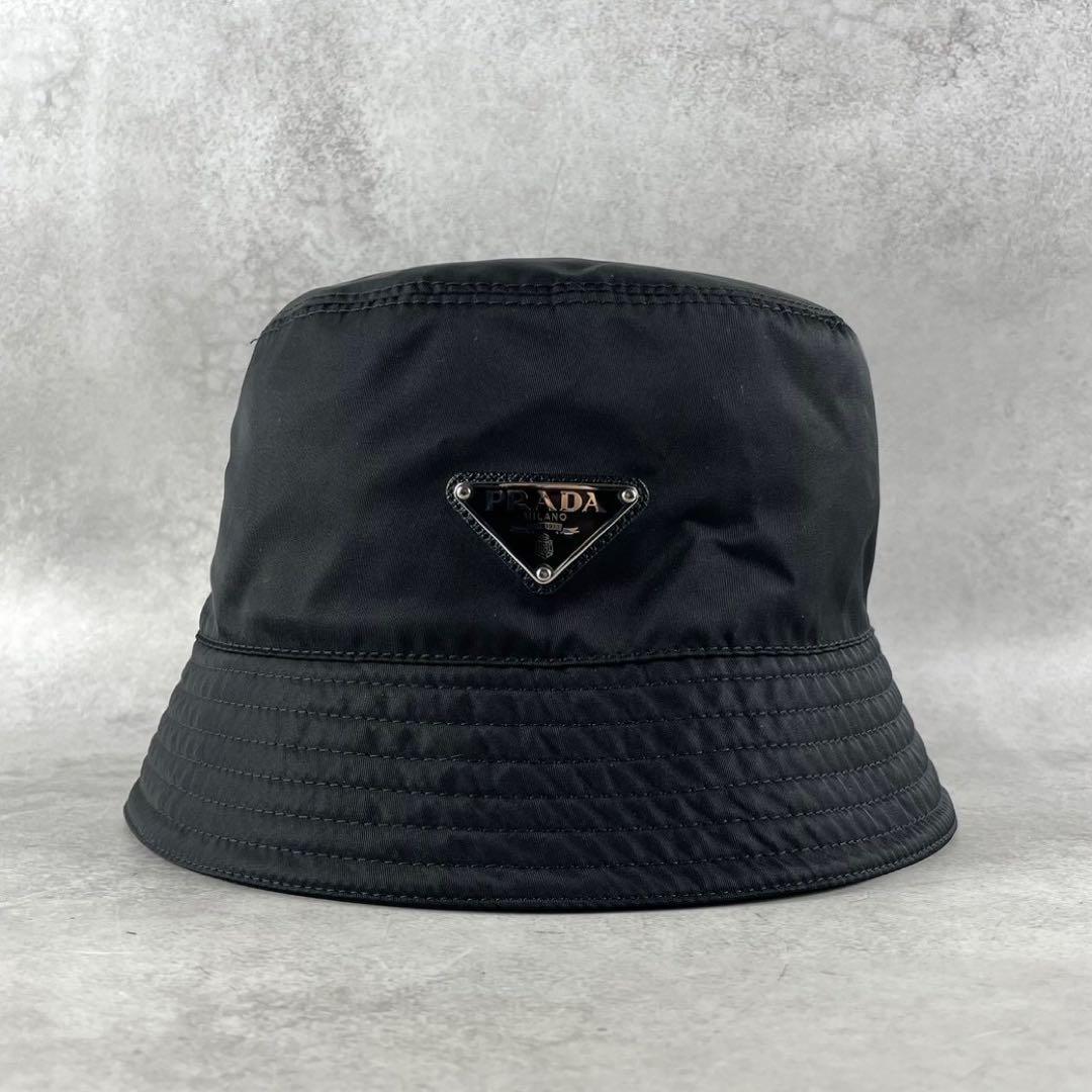 【極美品】PRADA 三角 トライアングル ロゴ バケットハット ブラック M