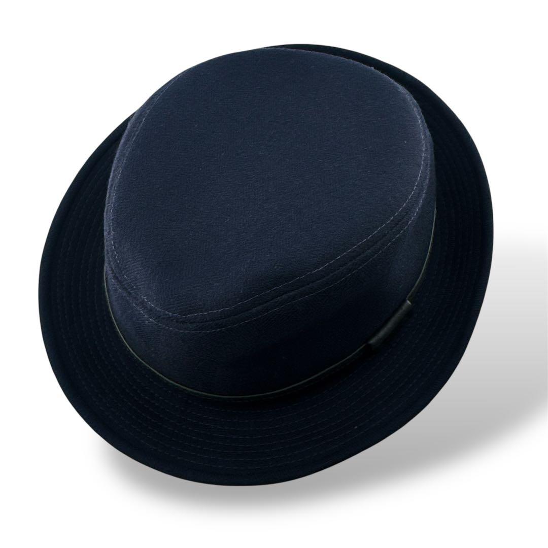 極美品◇エルメス ウール ハット 中折れハット ヘリンボーン織り ネイビー系