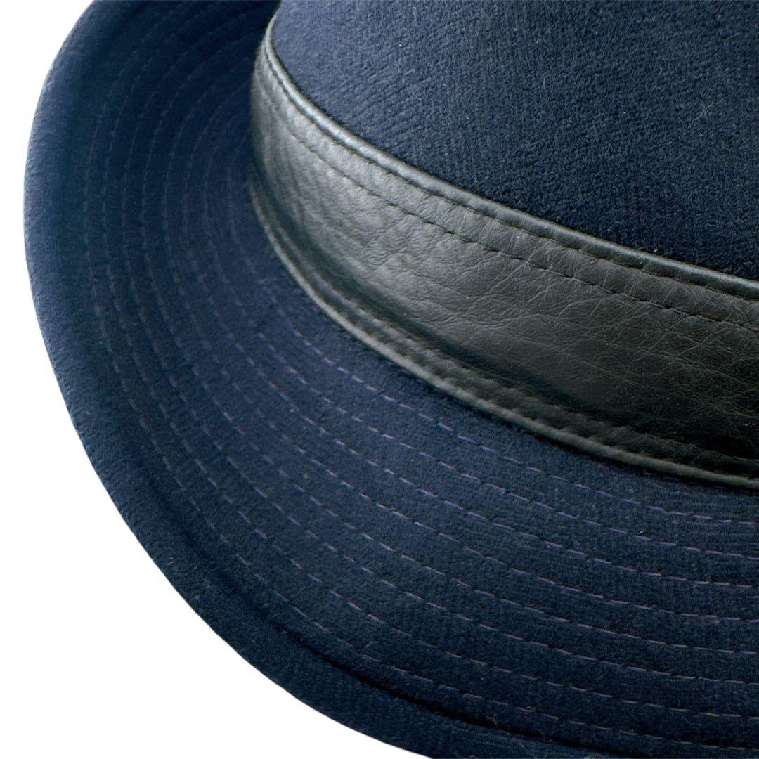 極美品◇エルメス ウール ハット 中折れハット ヘリンボーン織り ネイビー系