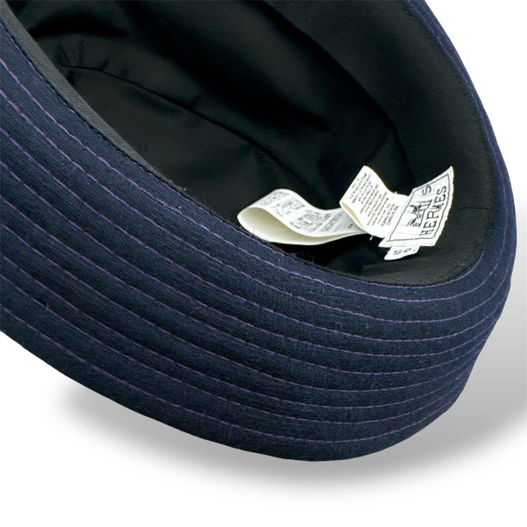 極美品◇エルメス ウール ハット 中折れハット ヘリンボーン織り ネイビー系